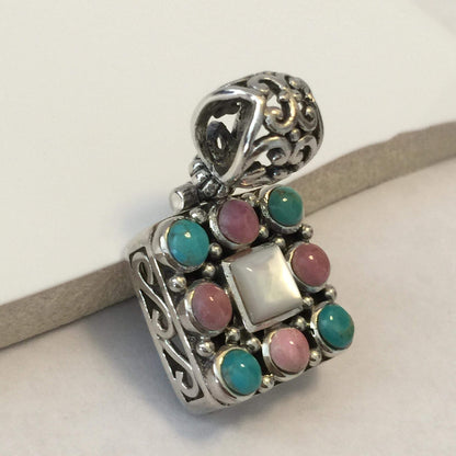 Natural Pink Rhodocrosite, Mexican Turquoise, Mother of Pearl 925 Sterling Silver Pendant 34mm