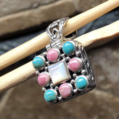 Natural Pink Rhodocrosite, Mexican Turquoise, Mother of Pearl 925 Sterling Silver Pendant 34mm