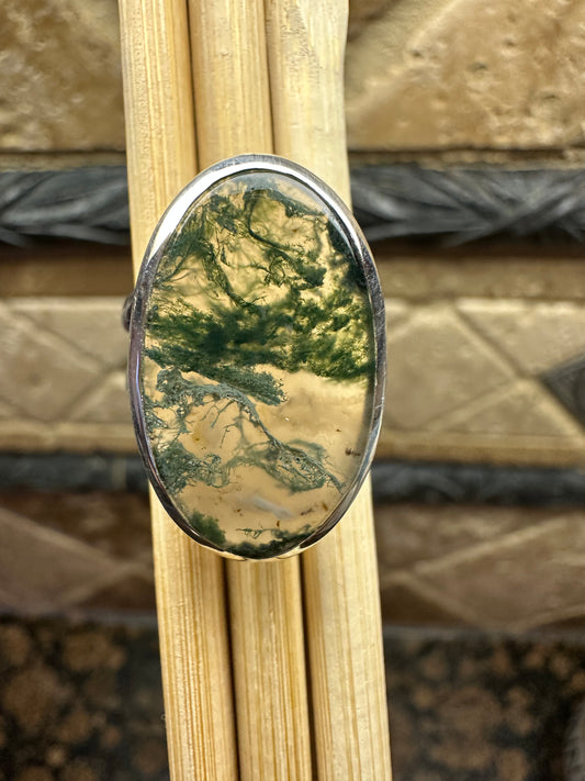 Natural Green Moss Agate 925 Solid Sterling Silver Ring Size 7, 8, 9