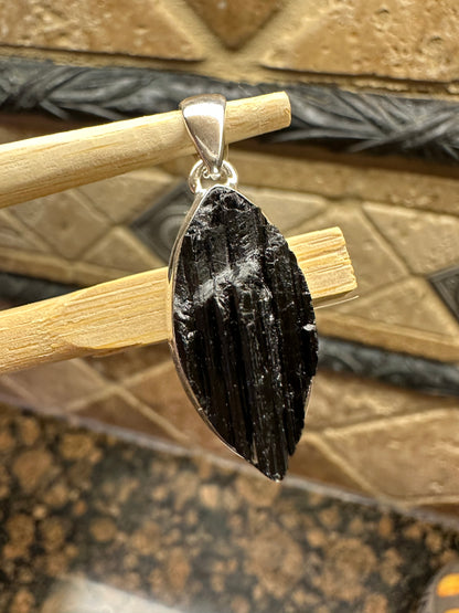 Natural Black Tourmaline 925 Solid Sterling Silver Men's Pendant 30mm