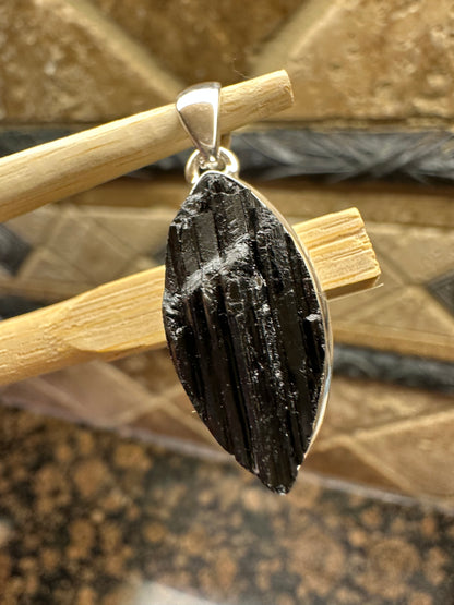 Natural Black Tourmaline 925 Solid Sterling Silver Men's Pendant 30mm