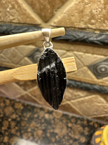Natural Black Tourmaline 925 Solid Sterling Silver Men's Pendant 30mm