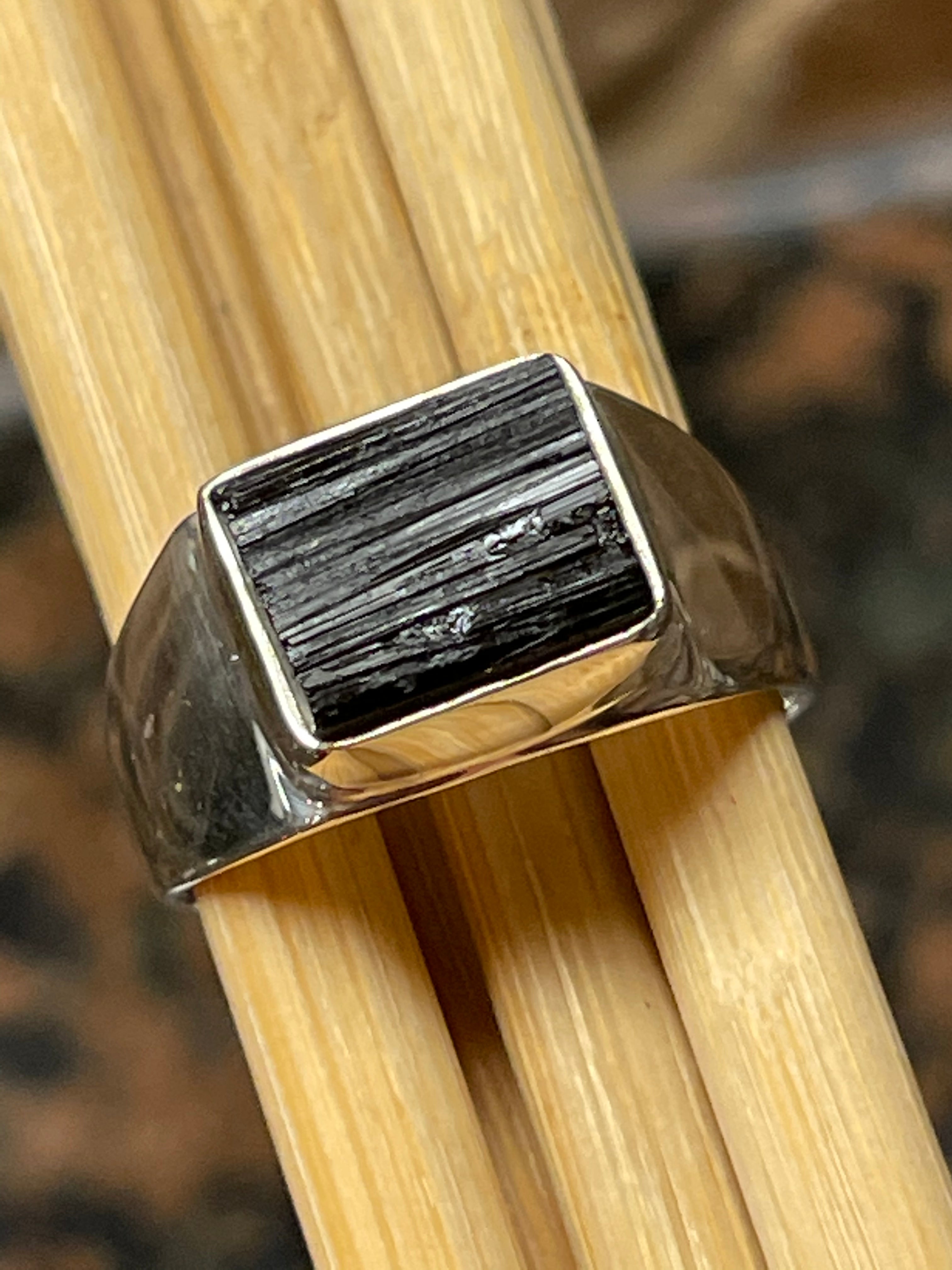 Natural Black Tourmaline 925 Solid Sterling Silver Unisex Ring Size 12