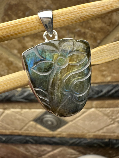 Natural Blue Labradorite 925 Sterling Silver Pendant 30mm
