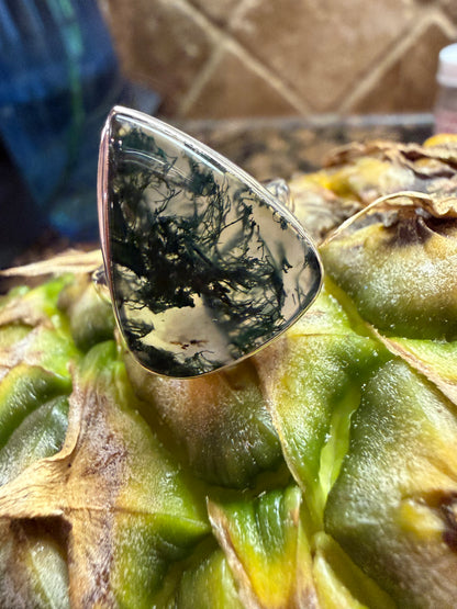 Natural Green Moss Agate 925 Solid Sterling Silver Ring Size 9.25