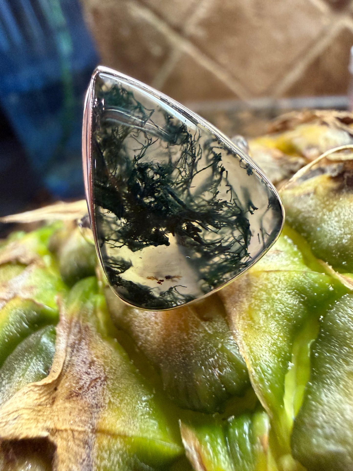 Natural Green Moss Agate 925 Solid Sterling Silver Ring Size 9.25