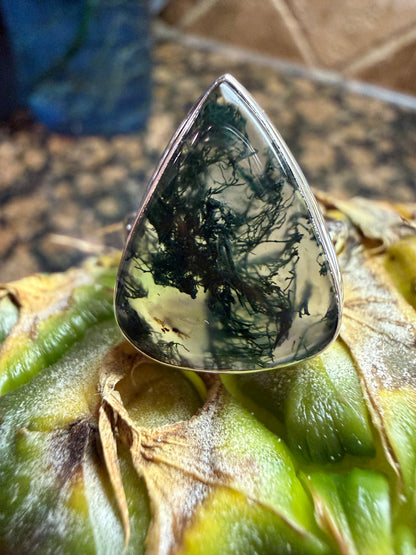Natural Green Moss Agate 925 Solid Sterling Silver Ring Size 9.25