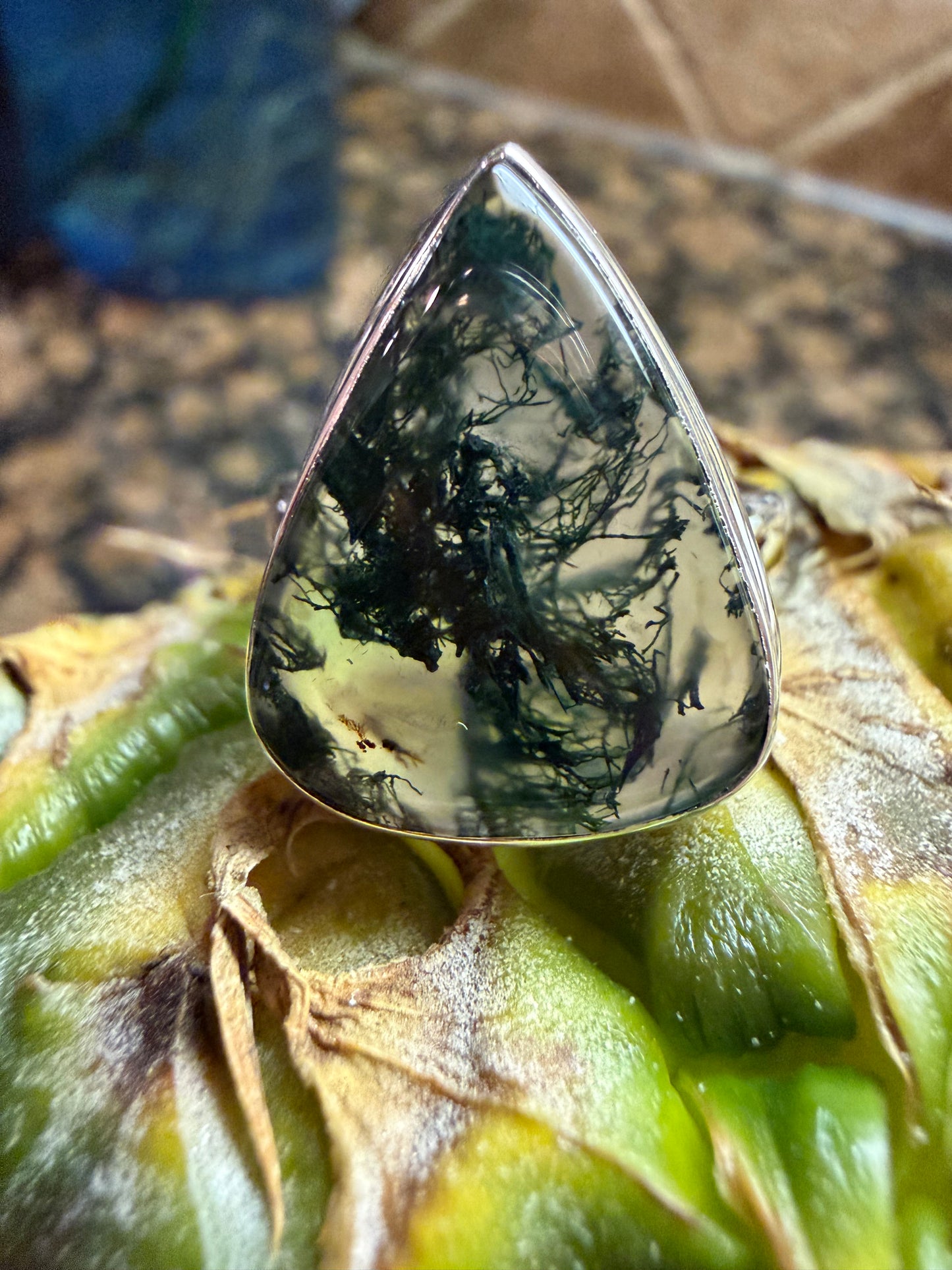 Natural Green Moss Agate 925 Solid Sterling Silver Ring Size 9.25