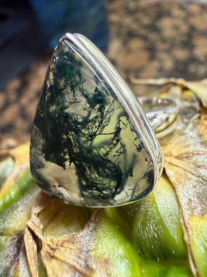 Natural Green Moss Agate 925 Solid Sterling Silver Ring Size 9.25