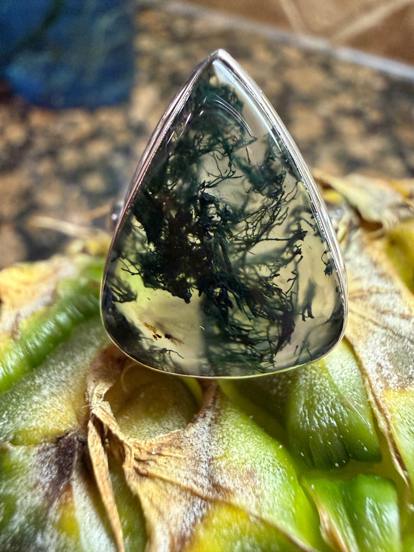 Natural Green Moss Agate 925 Solid Sterling Silver Ring Size 9.25