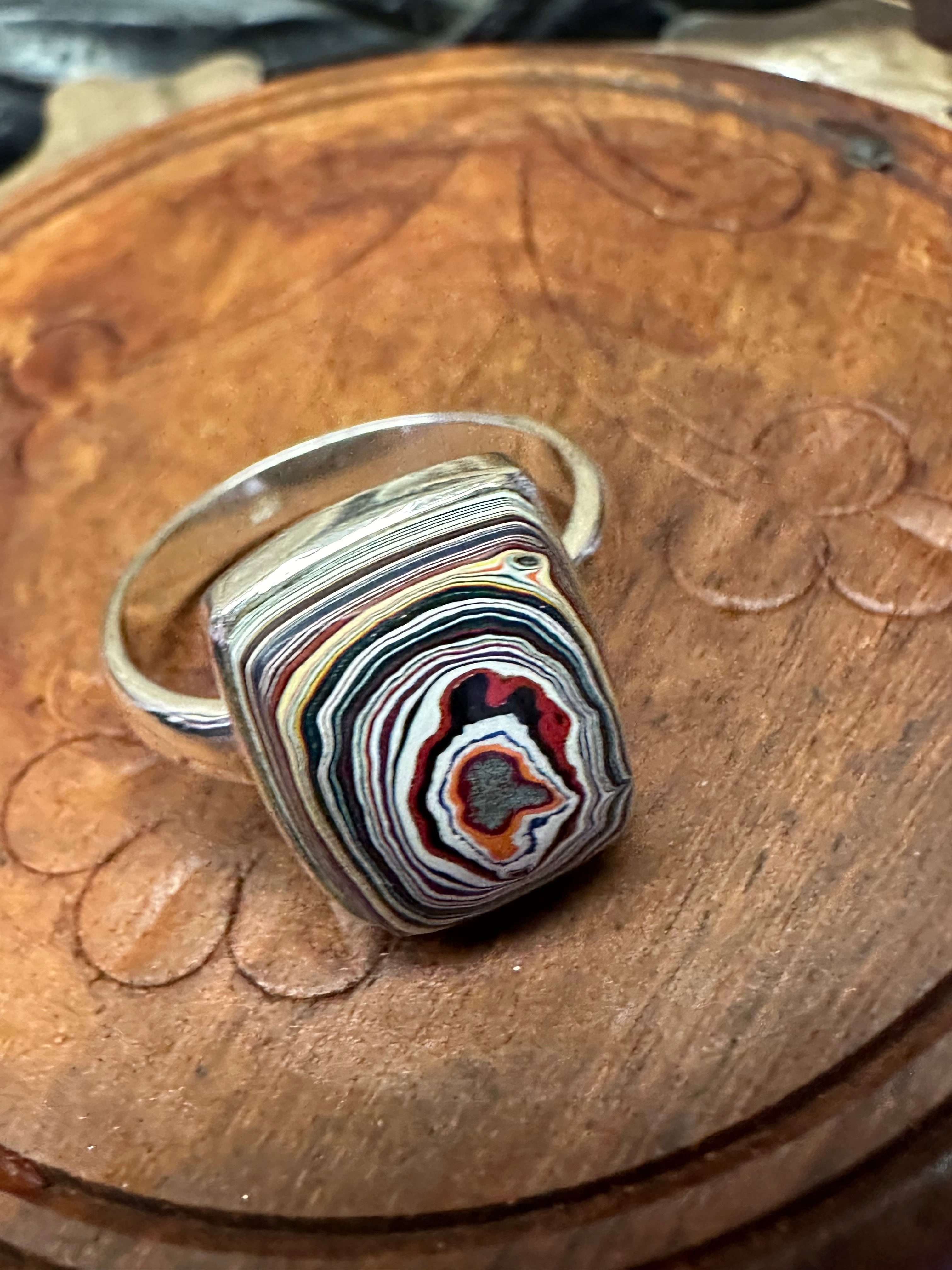 Gorgeous Fordite Agate 925 Solid Sterling Silver Ring Size 8.75