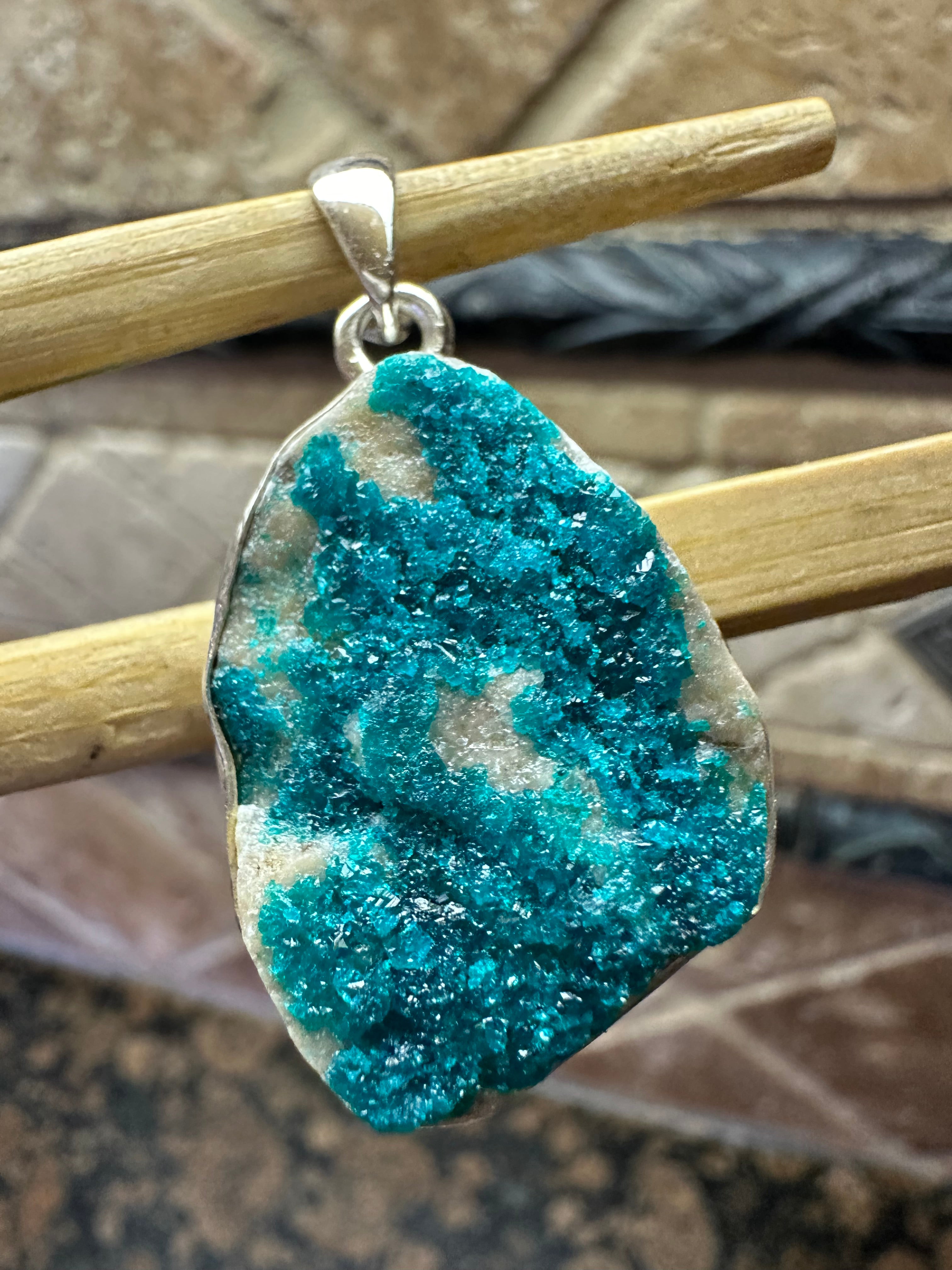 Natural Dioptase Druzy, Emerald Green Crystals 925 Solid Sterling Silver Silver Unisex Pendant 40mm