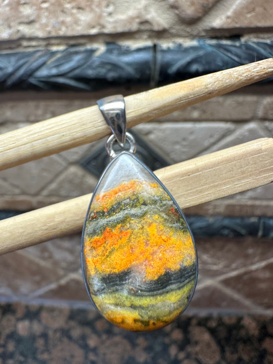 Natural Indonesian Bumble Bee Jasper 925 Solid Sterling Silver Pendant 37mm