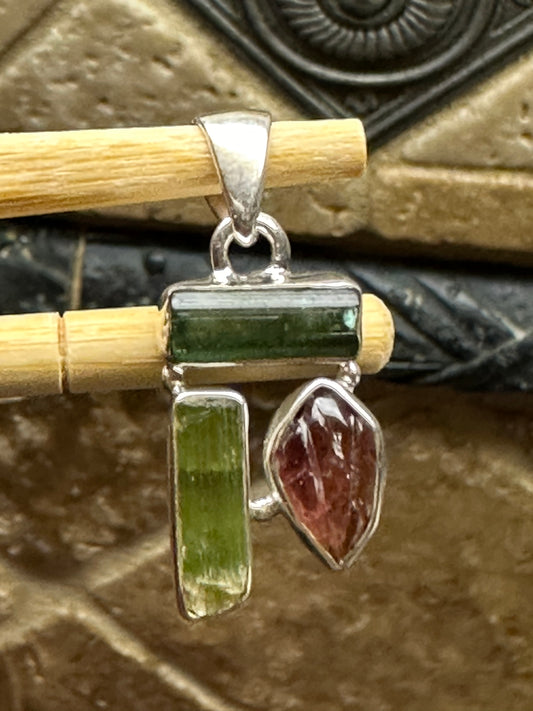Genuine Green and Pink Tourmaline 925 Solid Sterling Silver Pendant 27mm