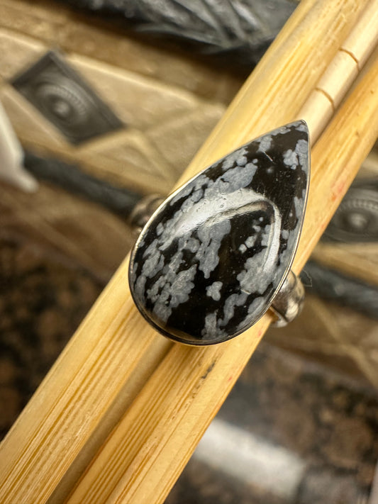 Genuine Snowflake Jasper Cabochon  925 Solid Sterling Silver Ring 7.5