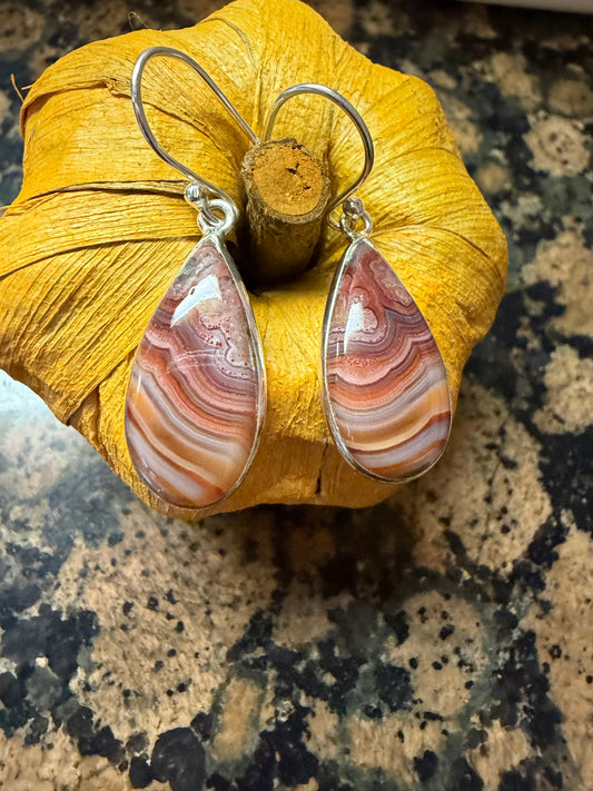 Natural Laguna Lace Agate 925 Sterling Silver Earrings 40mm