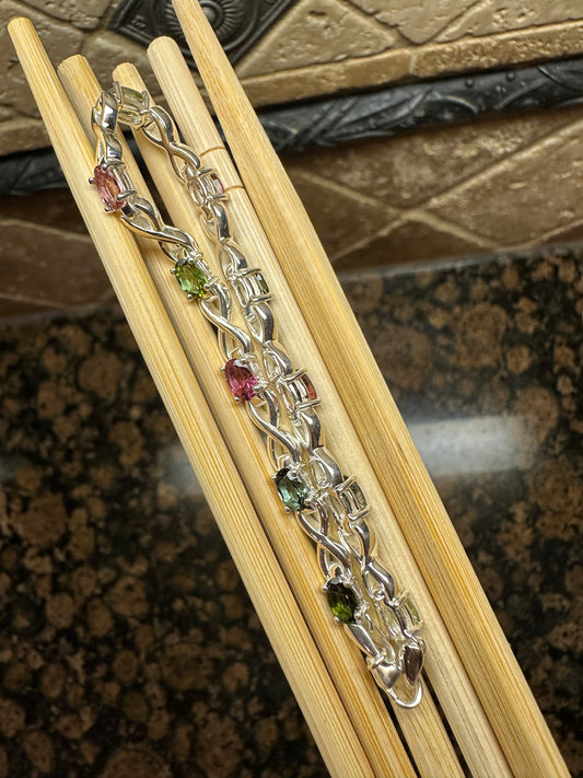 Natural Multicolor Tourmaline 925 Solid Sterling Silver Bracelets 7"