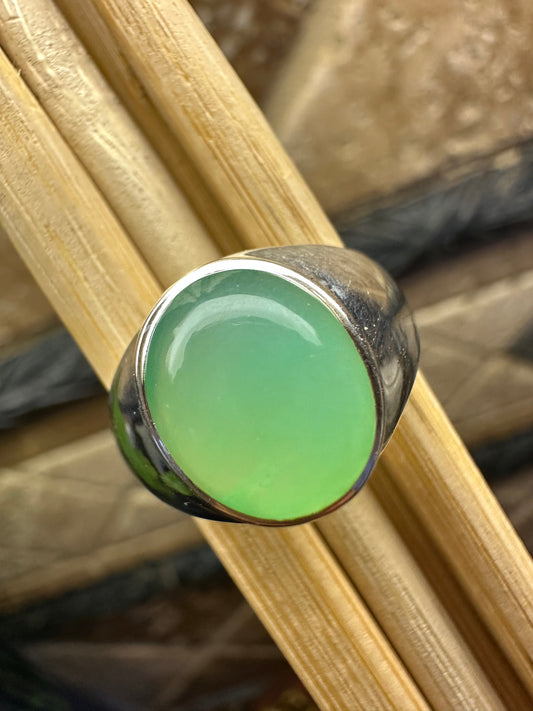 Natural Green Chrysoprase 925 Solid Sterling Silver Unisex Ring Size 8, 9.5