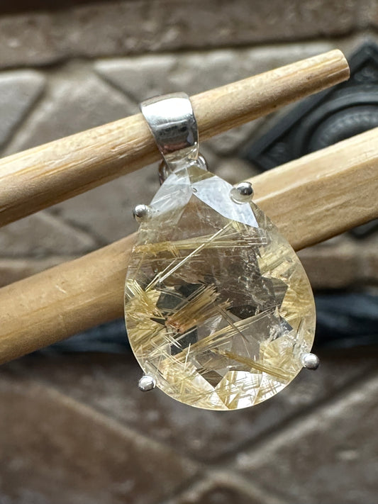 Genuine Golden Rutilated Quartz 925 Solid Sterling Silver Pendant 25mm - Natural Rocks by Kala