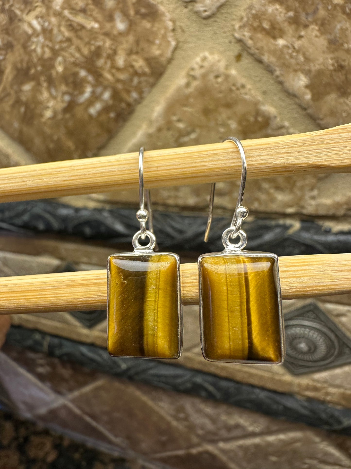 Natural Tiger's Eye 925 Sterling Silver Earrings 40mm