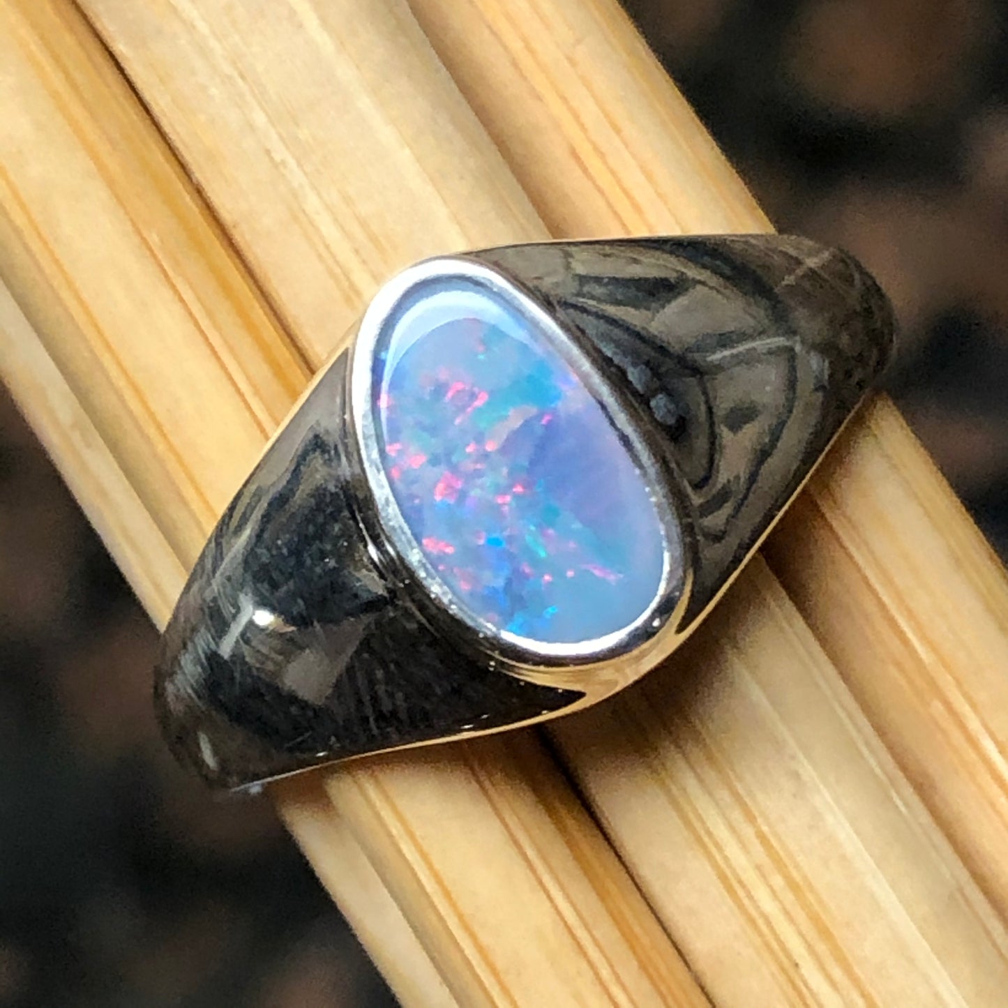 Genuine Australian Opal 925 Solid Sterling Silver Wedding Ring Size 7.5