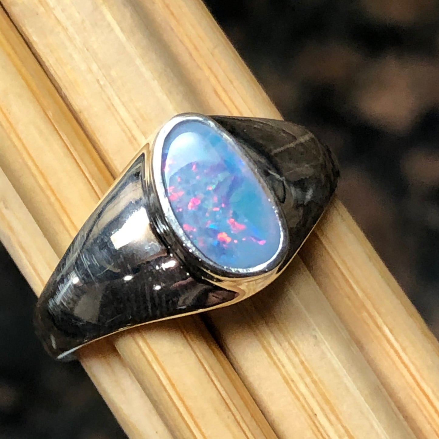 Genuine Australian Opal 925 Solid Sterling Silver Wedding Ring Size 7.5