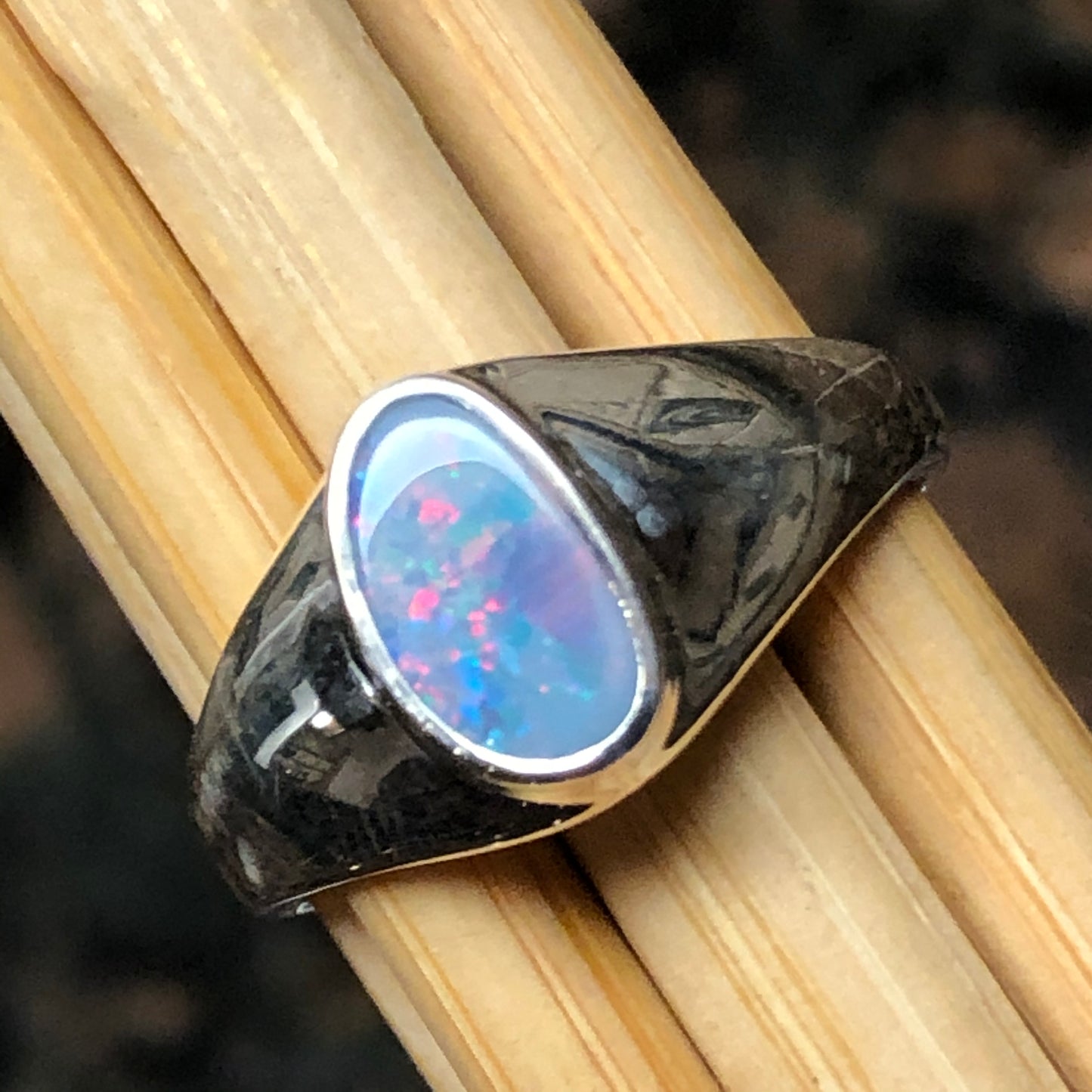 Genuine Australian Opal 925 Solid Sterling Silver Wedding Ring Size 7.5