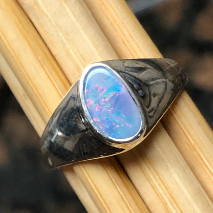 Genuine Australian Opal 925 Solid Sterling Silver Wedding Ring Size 7.5