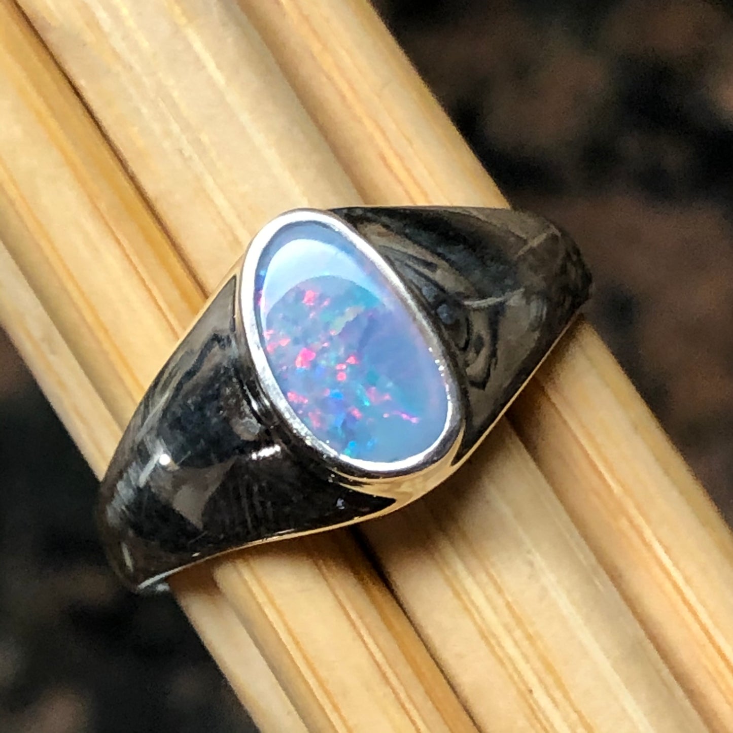 Genuine Australian Opal 925 Solid Sterling Silver Wedding Ring Size 7.5