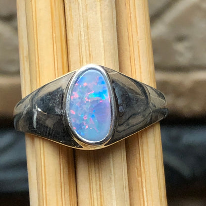 Genuine Australian Opal 925 Solid Sterling Silver Wedding Ring Size 7.5