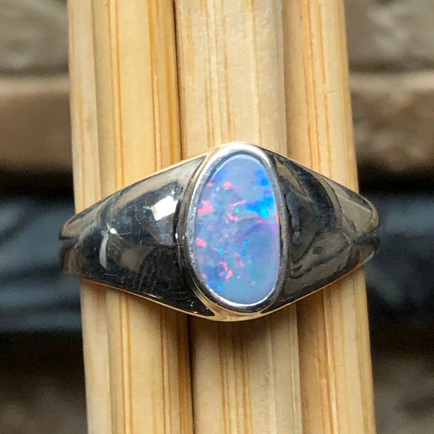 Genuine Australian Opal 925 Solid Sterling Silver Wedding Ring Size 7.5