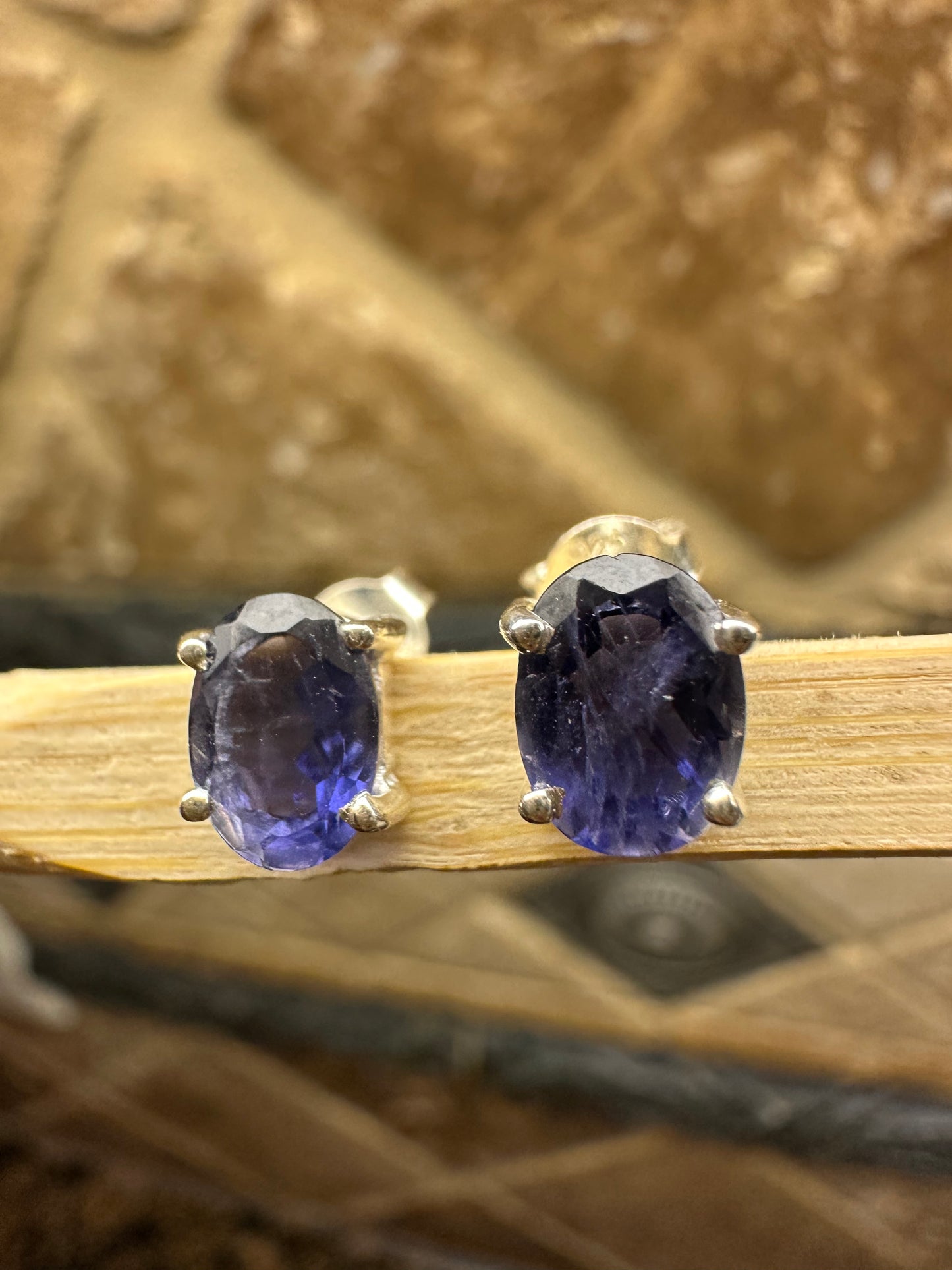 Natural 1ct Iolite 925 Solid Sterling Silver Earrings 7mm