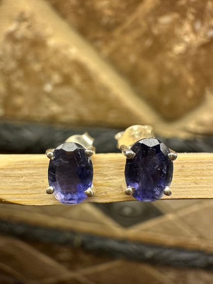 Natural 1ct Iolite 925 Solid Sterling Silver Earrings 7mm