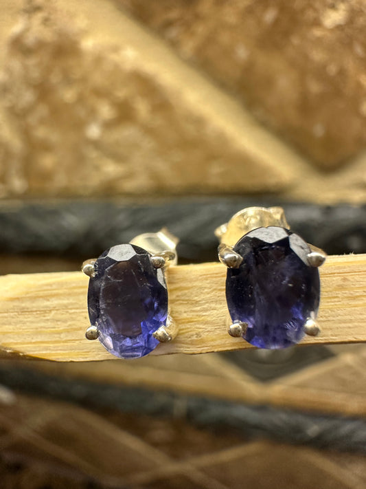 Natural 1ct Iolite 925 Solid Sterling Silver Earrings 7mm