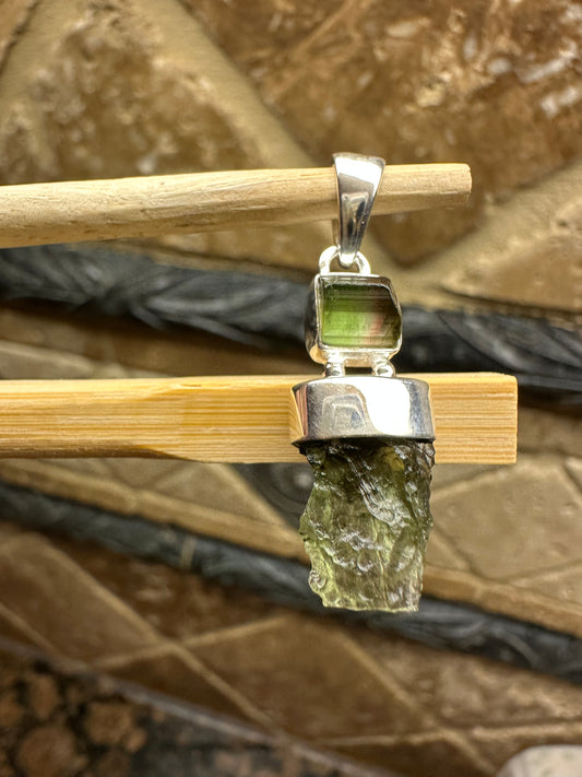 Natural Watermelon Tourmaline, Moldavite 925 Solid Sterling Silver Pendant 30mm