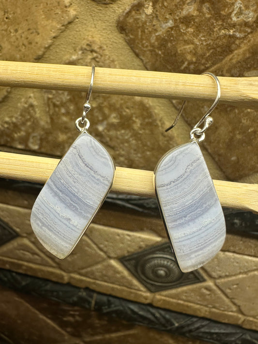 Natural Blue Lace Agate 925 Sterling Silver Earrings 30mm