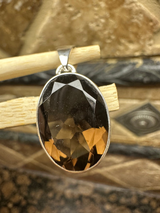 Genuine 10ct Smoky Topaz 925 Solid Sterling Silver Pendant 30mm