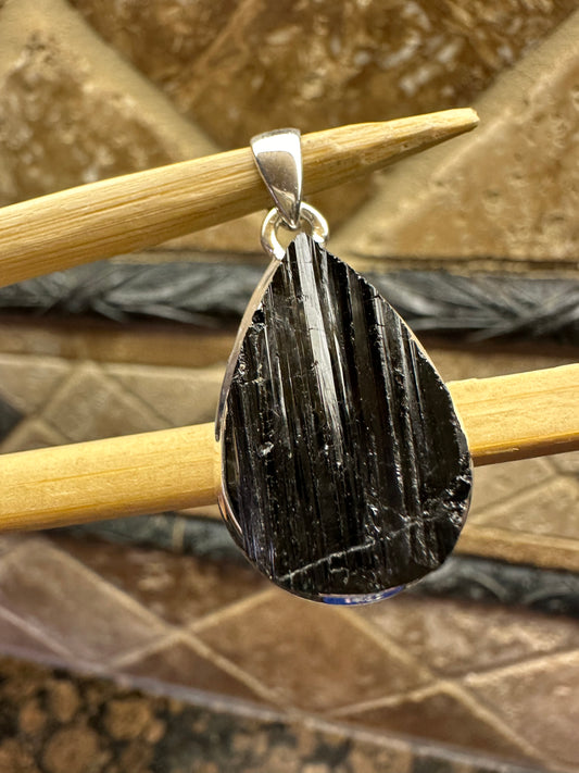 Natural Black Tourmaline 925 Solid Sterling Silver Pendant 35mm