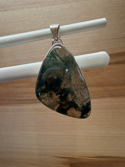 Natural Green Moss Agate 925 Solid Sterling Silver Pendant 35mm