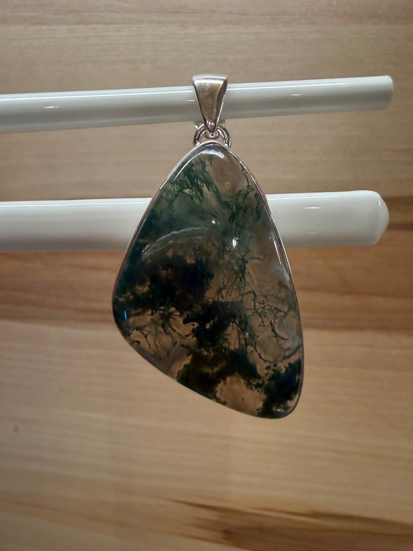 Natural Green Moss Agate 925 Solid Sterling Silver Pendant 35mm