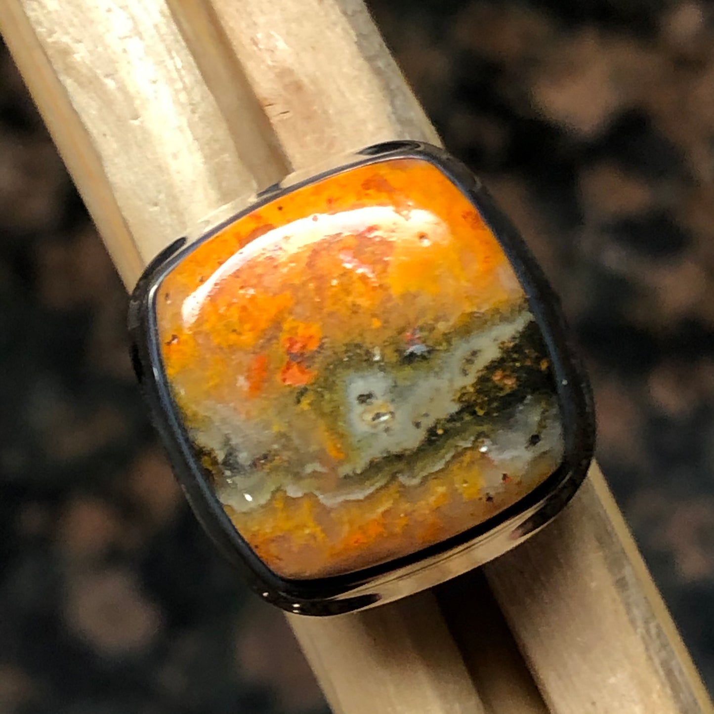 Natural Indonesian Bumble Bee Jasper 925 Sterling Silver Ring Size 8