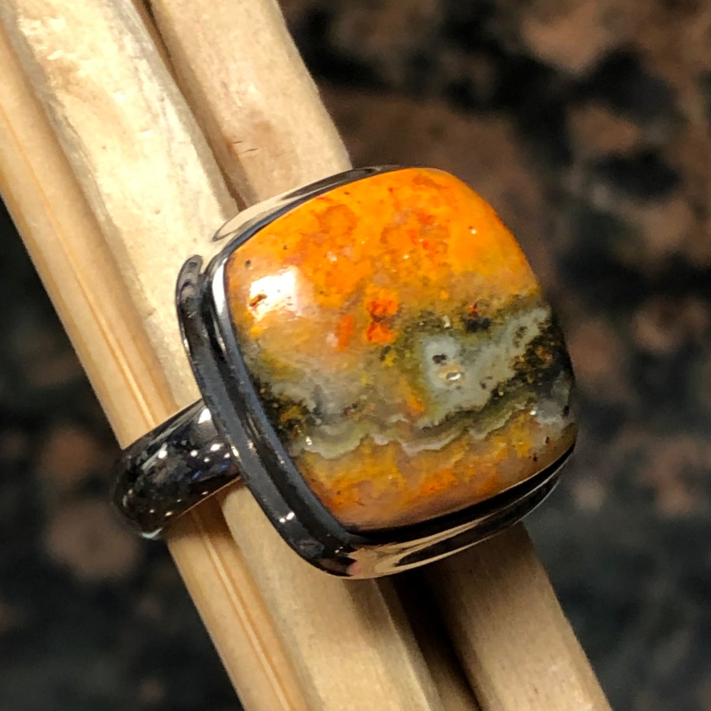 Natural Indonesian Bumble Bee Jasper 925 Sterling Silver Ring Size 8