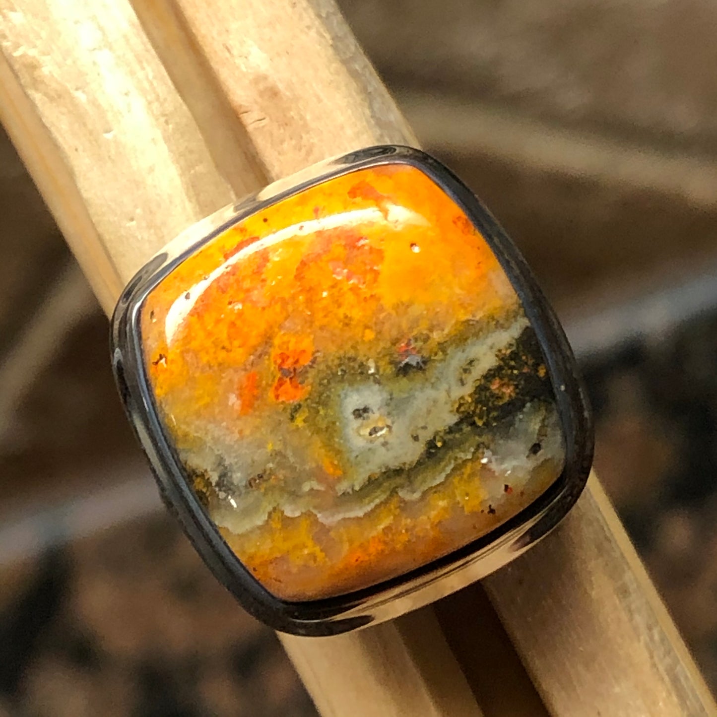 Natural Indonesian Bumble Bee Jasper 925 Sterling Silver Ring Size 8