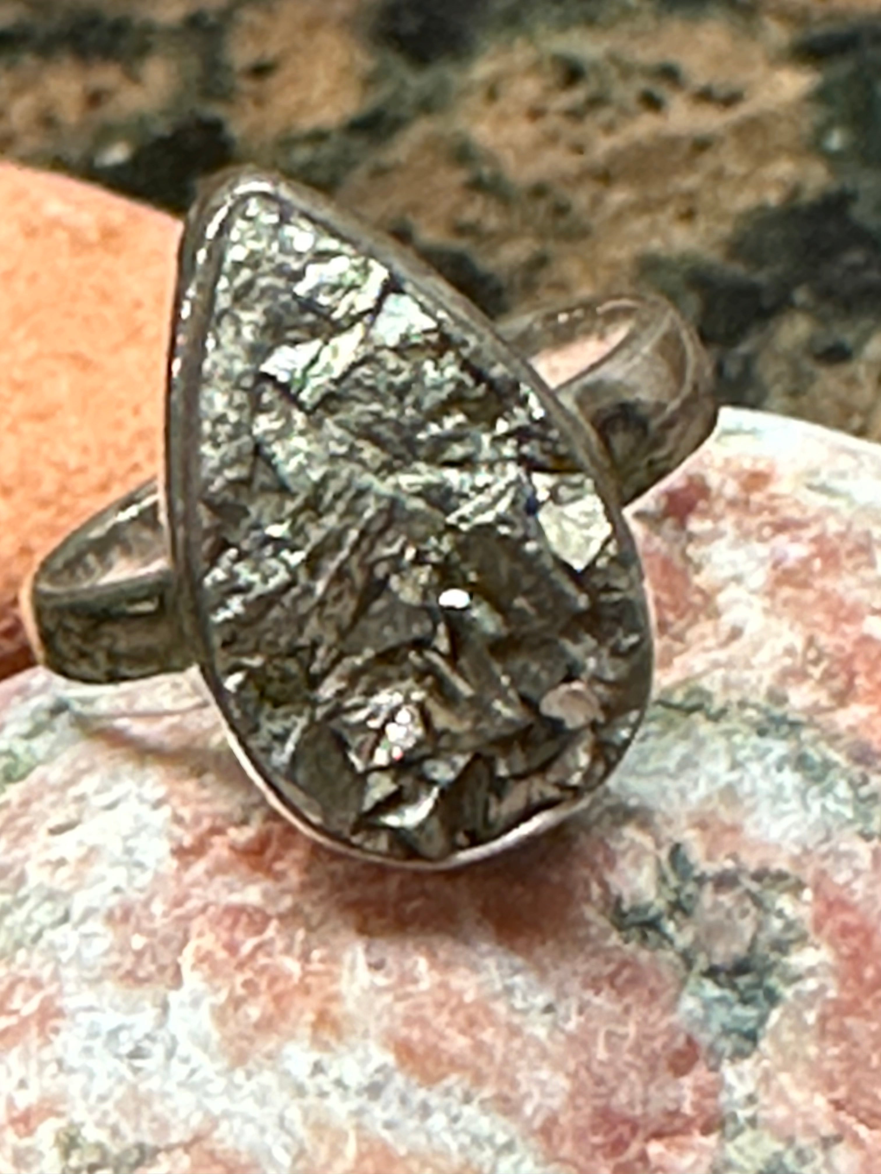 Genuine Pyrite Druzy 925 Solid Sterling Silver Unisex Ring Size 8, 8.5