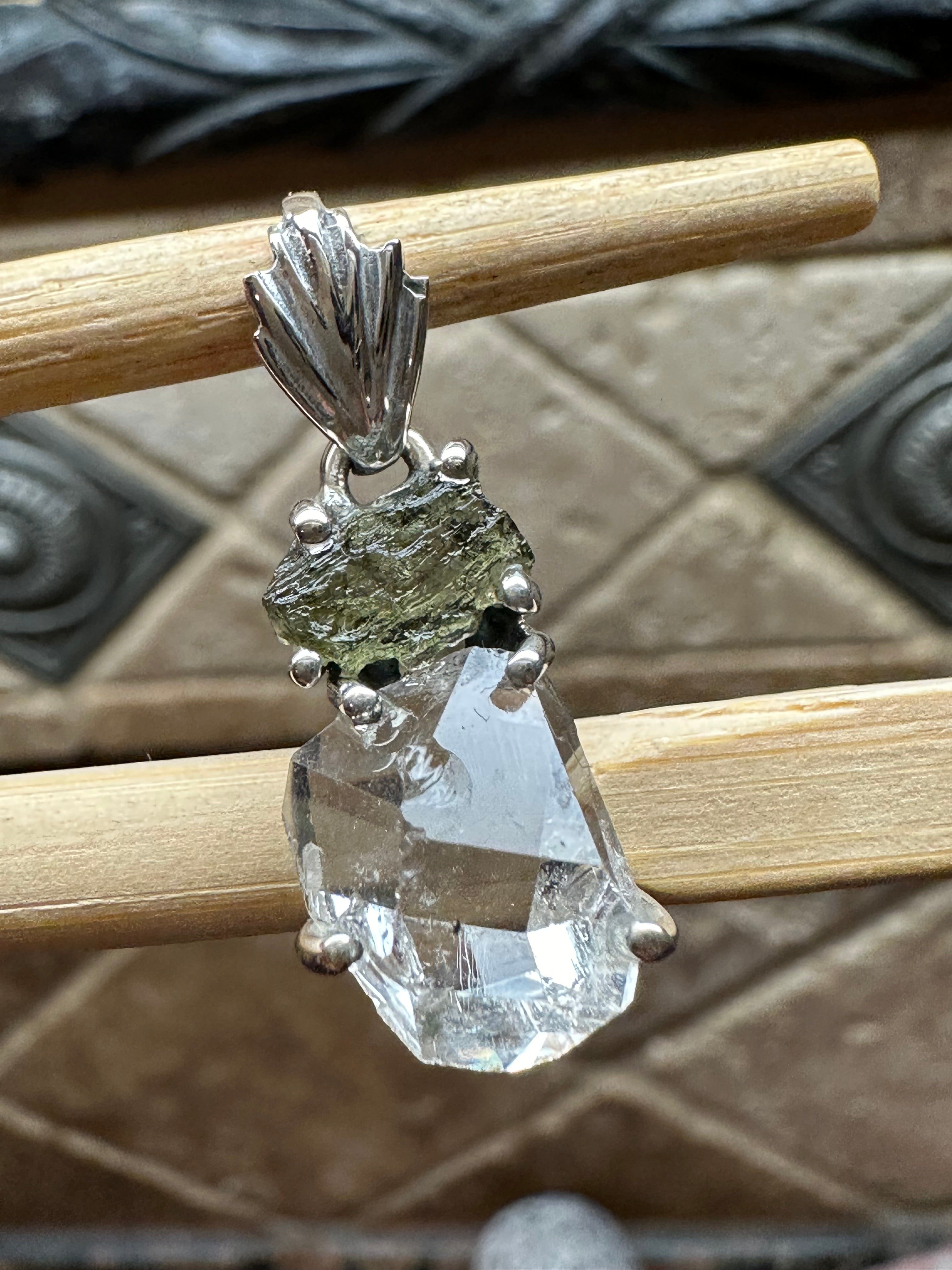 Natural Moldavite, Herkimer Diamond 925 Solid Sterling Silver Pendant 25mm