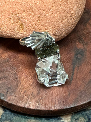 Natural Moldavite, Herkimer Diamond 925 Solid Sterling Silver Pendant 25mm