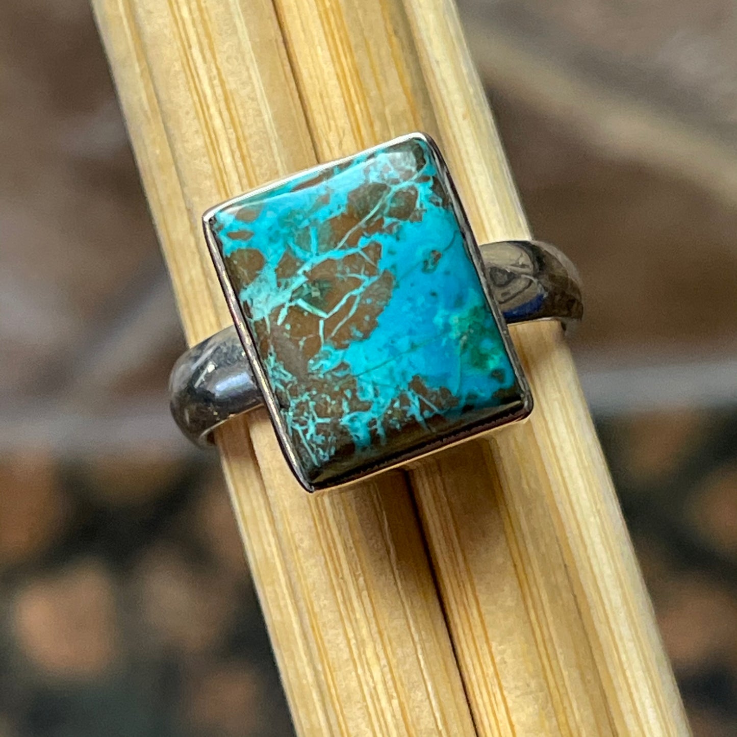 Natural Malachite in Azurite 925 Solid Sterling Silver Scenic Ring Size 8 - Natural Rocks by Kala