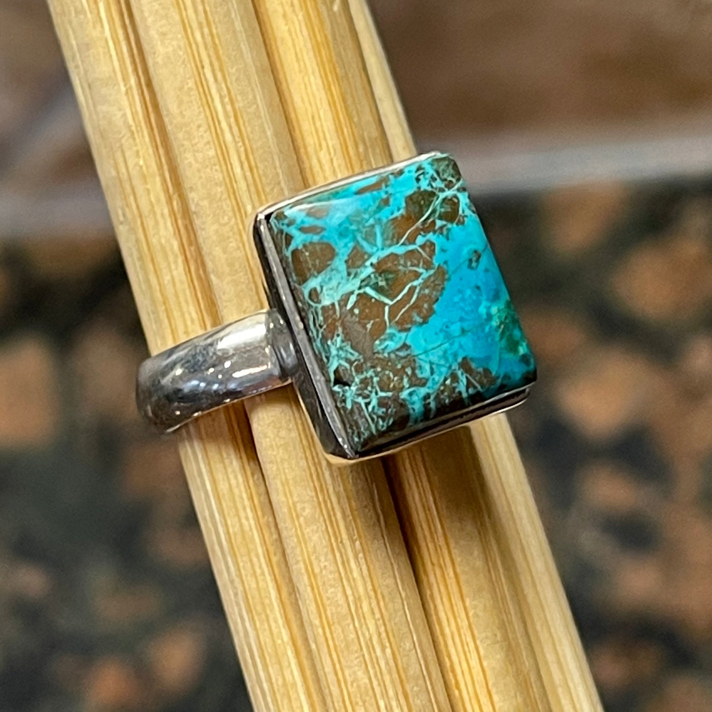 Natural Malachite in Azurite 925 Solid Sterling Silver Scenic Ring Size 8 - Natural Rocks by Kala