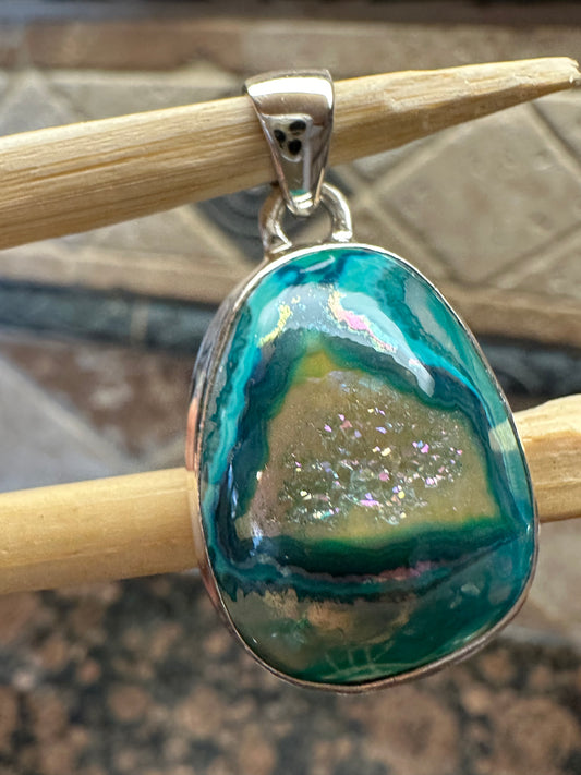 Natural Green Aura Druzy 925 Sterling Silver Pendant 32mm