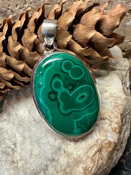 Natural Green Malachite 925 Solid Sterling Silver Pendant 45mm - Natural Rocks by Kala
